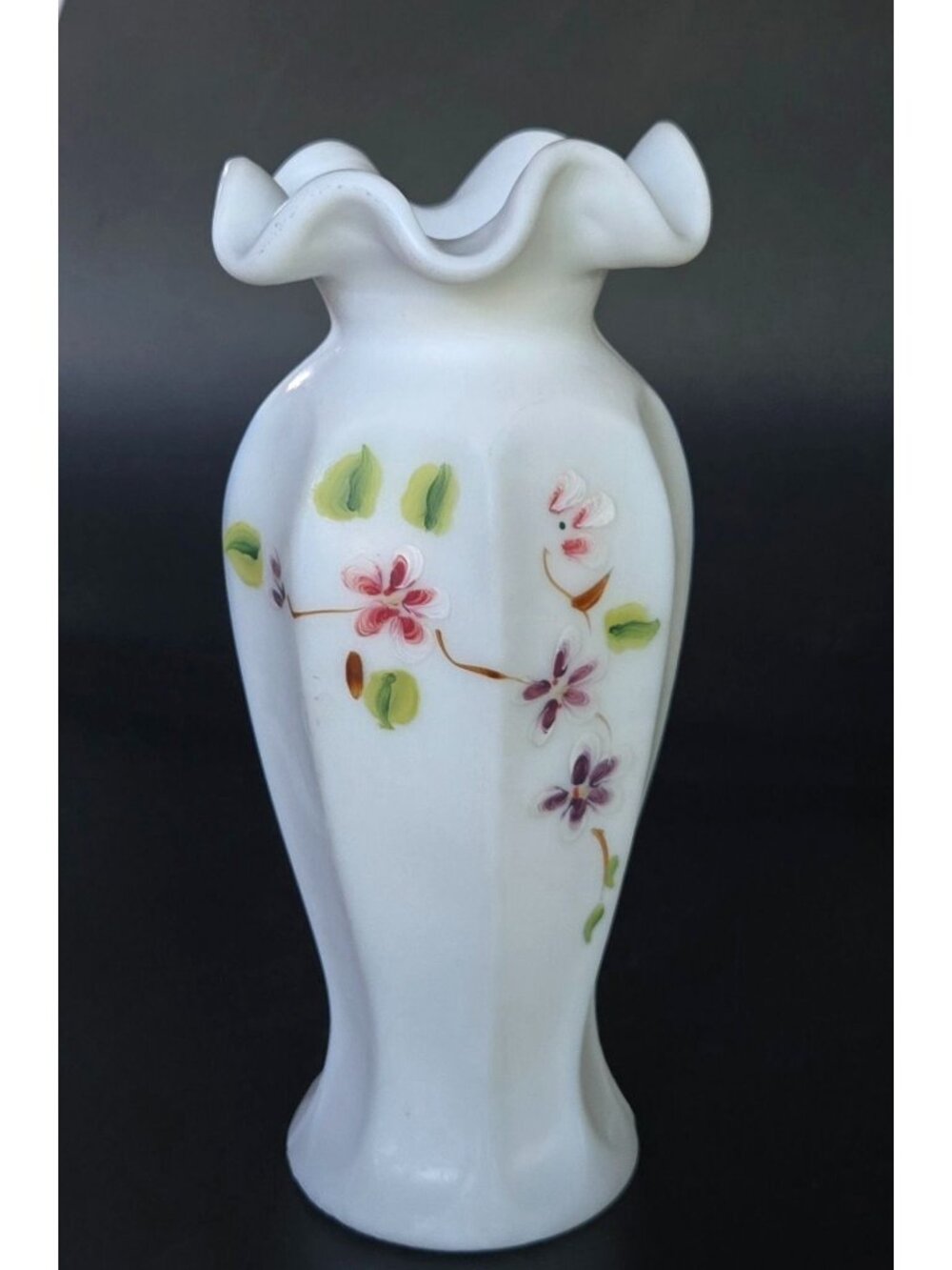 Vintage Fenton Hand-Painted Milk Glass Vase With Ruffled Edge & Floral Design 8"
